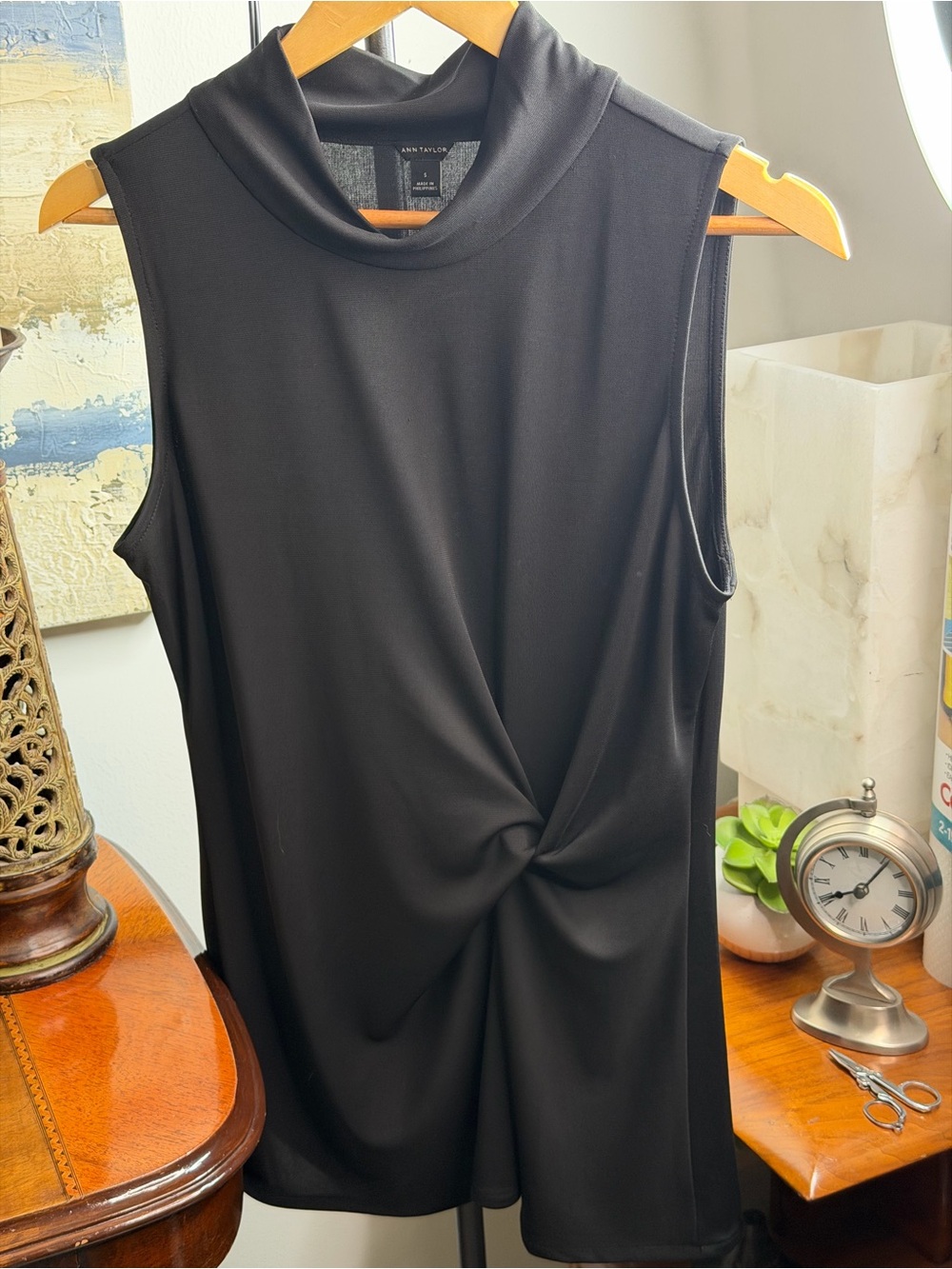 Ann Taylor Black Sleeveless Mock Neck Twist-Front Top
